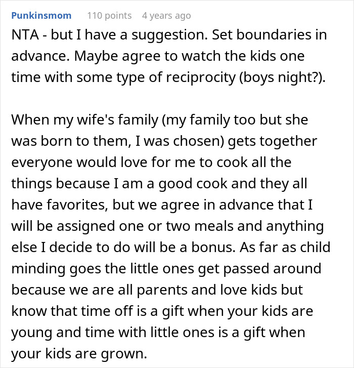 Comment sharing advice on setting boundaries when watching kids during a trip with girlfriend’s family. Comment sharing advice on setting boundaries when watching kids during a trip with girlfriend’s family.