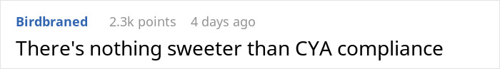 Screenshot of a Reddit comment reading "There's nothing sweeter than CYA compliance" with 2.3k points in a discussion about store management. Screenshot of a Reddit comment reading "There's nothing sweeter than CYA compliance" with 2.3k points in a discussion about store management.