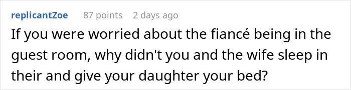 Comment discussing concern about fiancé in guest room relating to prioritizing miniature wargaming studio over daughter and fiancé. Comment discussing concern about fiancé in guest room relating to prioritizing miniature wargaming studio over daughter and fiancé.