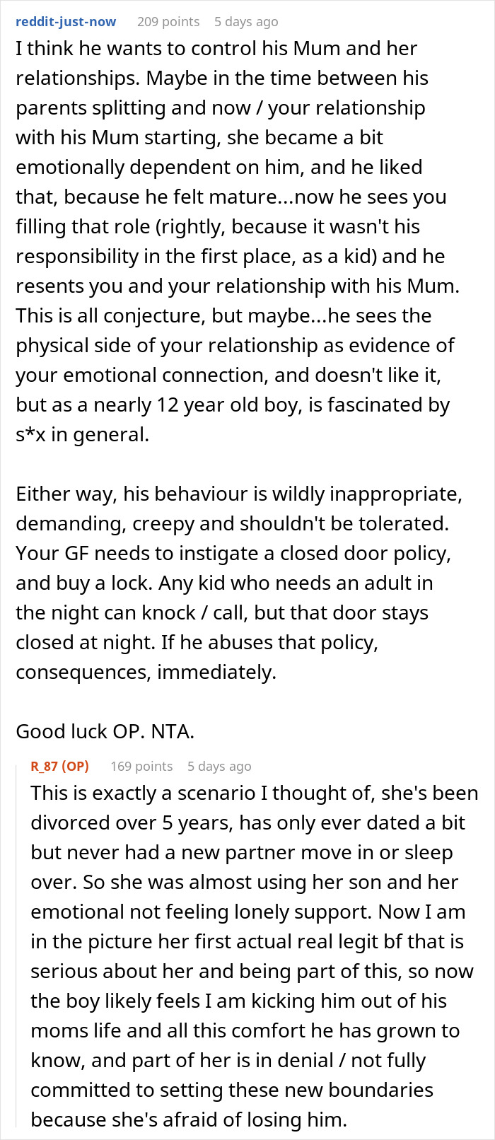 Reddit discussion about a man questioning future with girlfriend after her 11-year-old son monitors bedroom and demands open door.