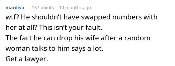 Comment discussing a woman’s husband leaving her after being hit on for the first time, expressing disbelief and advice.