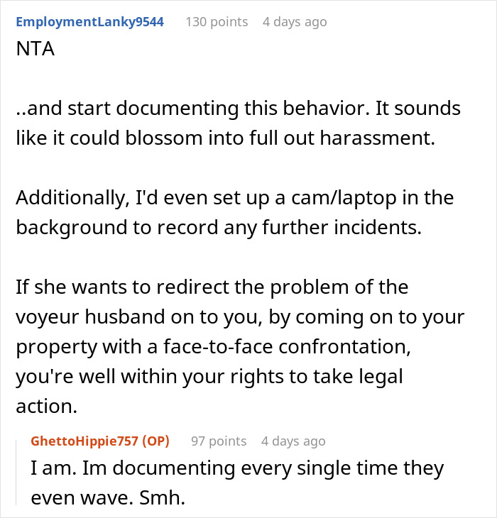 Screenshot of an online discussion about a neighbor complaining about a woman’s outfit because her husband keeps staring at her.