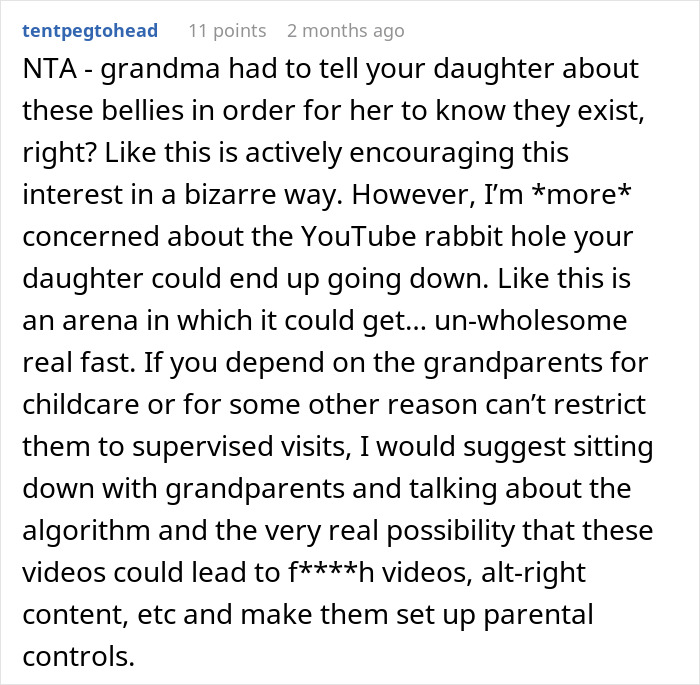 Comment discussing a mom furious over MIL's weird gift to her pregnancy-obsessed 6-year-old and concerns about YouTube rabbit holes. Comment discussing a mom furious over MIL's weird gift to her pregnancy-obsessed 6-year-old and concerns about YouTube rabbit holes.