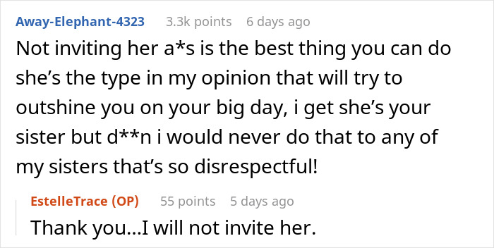 Alt text: Online conversation about woman making below-the-belt comments about sister’s fiancé, leading to wedding ban discussion.