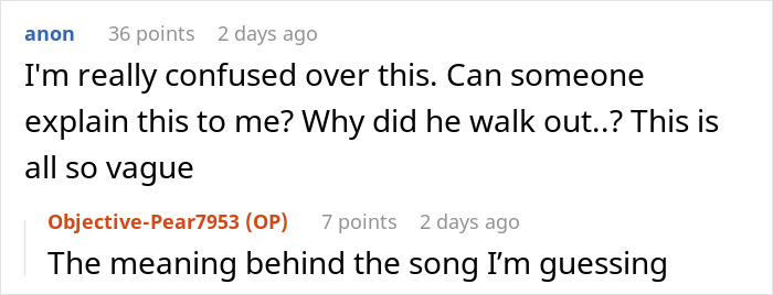 Screenshot of a Reddit conversation discussing a guy who walks out because he dislikes how his girlfriend connects with her school song performance. Screenshot of a Reddit conversation discussing a guy who walks out because he dislikes how his girlfriend connects with her school song performance.