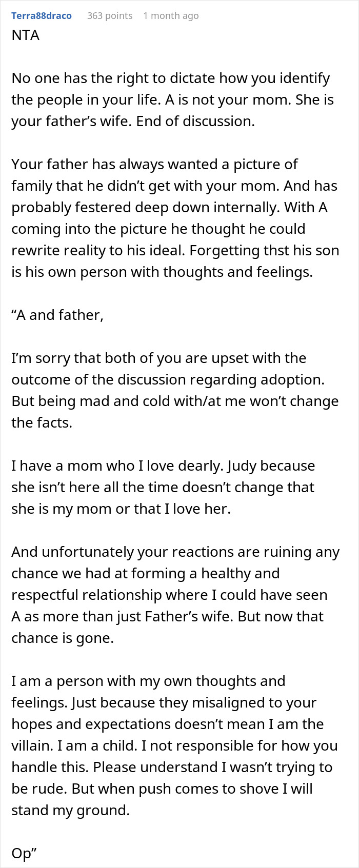 Comment discussing teen refusing to accept stepmother as mom, asserting they already have a mom and own feelings. Comment discussing teen refusing to accept stepmother as mom, asserting they already have a mom and own feelings.