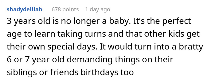 Comment explaining why toddler must learn birthday cake boundaries on sister’s birthday from a concerned mom. Comment explaining why toddler must learn birthday cake boundaries on sister’s birthday from a concerned mom.