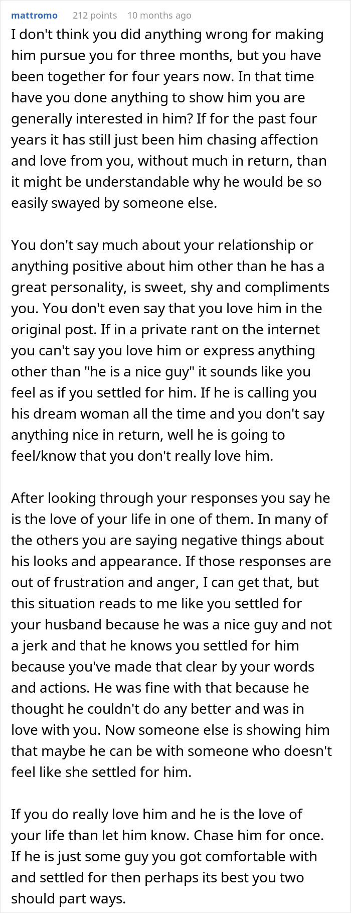 Comment discussing woman's husband leaving her after being hit on, exploring relationship issues and feelings involved. Comment discussing woman's husband leaving her after being hit on, exploring relationship issues and feelings involved.