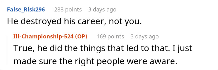 Online conversation showing comments about a manager who created a hostile workplace and faced consequences.