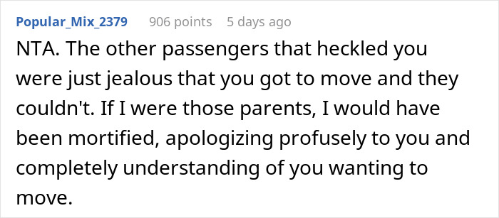 Screenshot of a Reddit comment defending a passenger who moved seats during a flight amid a special needs kid’s kickfest. Screenshot of a Reddit comment defending a passenger who moved seats during a flight amid a special needs kid’s kickfest.