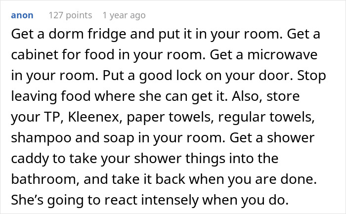 Comment suggesting ways to stop a middle-aged woman with a shopping habit from stealing roommate’s food by securing personal items in their room.