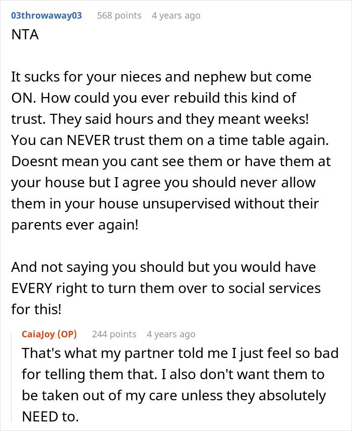 Reddit conversation discussing aunt’s experience getting duped into a two week babysitting nightmare for SIL’s kids.