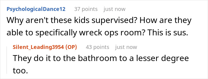 Screenshot of an online discussion about kids wrecking a teen’s room and damaging his clothes without supervision. Screenshot of an online discussion about kids wrecking a teen’s room and damaging his clothes without supervision.