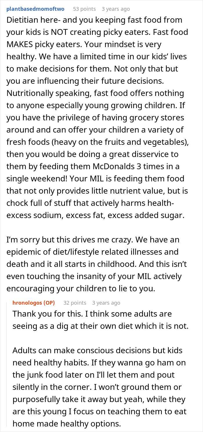 Online discussion about mom refusing to leave kids with MIL after she keeps feeding them fast food and health concerns. Online discussion about mom refusing to leave kids with MIL after she keeps feeding them fast food and health concerns.