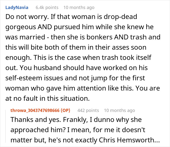 Reddit comments discussing a woman's husband leaving her after being hit on for the first time, exploring self-esteem issues. Reddit comments discussing a woman's husband leaving her after being hit on for the first time, exploring self-esteem issues.