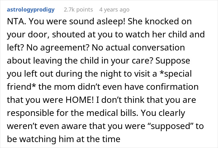 Reddit comment explaining refusal to pay medical bills after roommate's son had an allergic reaction without prior agreement. Reddit comment explaining refusal to pay medical bills after roommate's son had an allergic reaction without prior agreement.