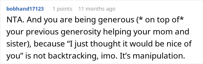 Screenshot of a Reddit comment discussing sis mooching off bro and refusing beach vacation with kids, highlighting manipulation concerns. Screenshot of a Reddit comment discussing sis mooching off bro and refusing beach vacation with kids, highlighting manipulation concerns.