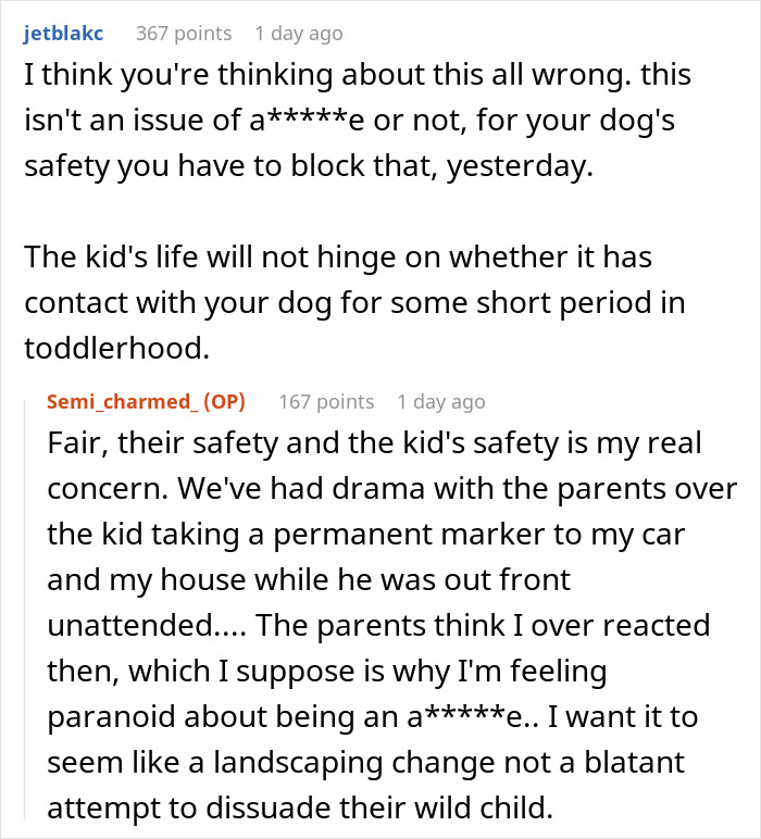 Comments discussing safety concerns about a neighbor’s kid using a fence as a fast food window for dogs.