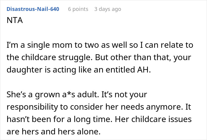 Single mom shares frustration over mom booking vacation and refusing to babysit her two kids, highlighting childcare struggle. Single mom shares frustration over mom booking vacation and refusing to babysit her two kids, highlighting childcare struggle.