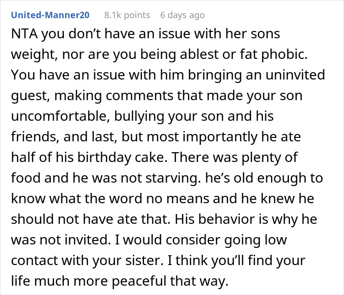 Alt text: Comment explaining nephew's exclusion from son's birthday due to past behavior, addressing fatphobic accusations. Alt text: Comment explaining nephew's exclusion from son's birthday due to past behavior, addressing fatphobic accusations.