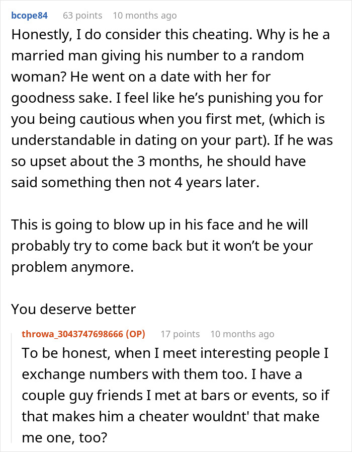 Reddit comments discussing a woman’s husband leaving her after being hit on for the first time in his life.