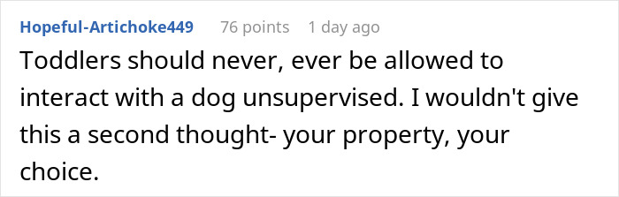 Comment discussing concerns about toddlers interacting with dogs unsupervised near neighbor’s kid fast food window fence.