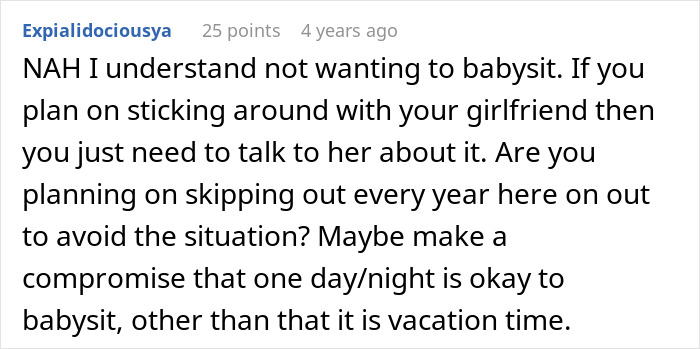 Reddit comment discussing not wanting to babysit during a trip with girlfriend’s family and four kids for three days. Reddit comment discussing not wanting to babysit during a trip with girlfriend’s family and four kids for three days.