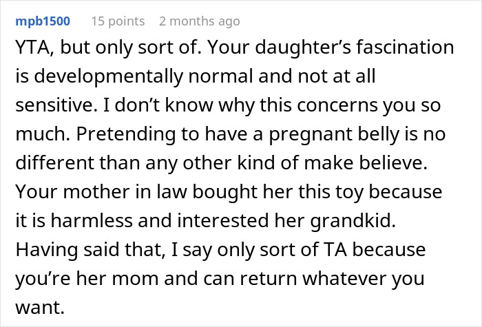 Comment discussing mom furious over MIL’s weird gift to her pregnancy-obsessed 6-year-old child in online forum text. Comment discussing mom furious over MIL’s weird gift to her pregnancy-obsessed 6-year-old child in online forum text.