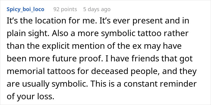 Comment on a tattoo honoring a late boyfriend, discussing location and symbolism as a memorial reminder of loss. Comment on a tattoo honoring a late boyfriend, discussing location and symbolism as a memorial reminder of loss.
