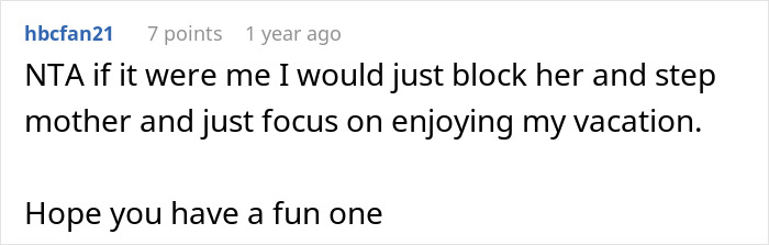 Screenshot of a forum comment discussing a woman refusing to babysit step sister’s kids causing family drama. Screenshot of a forum comment discussing a woman refusing to babysit step sister’s kids causing family drama.