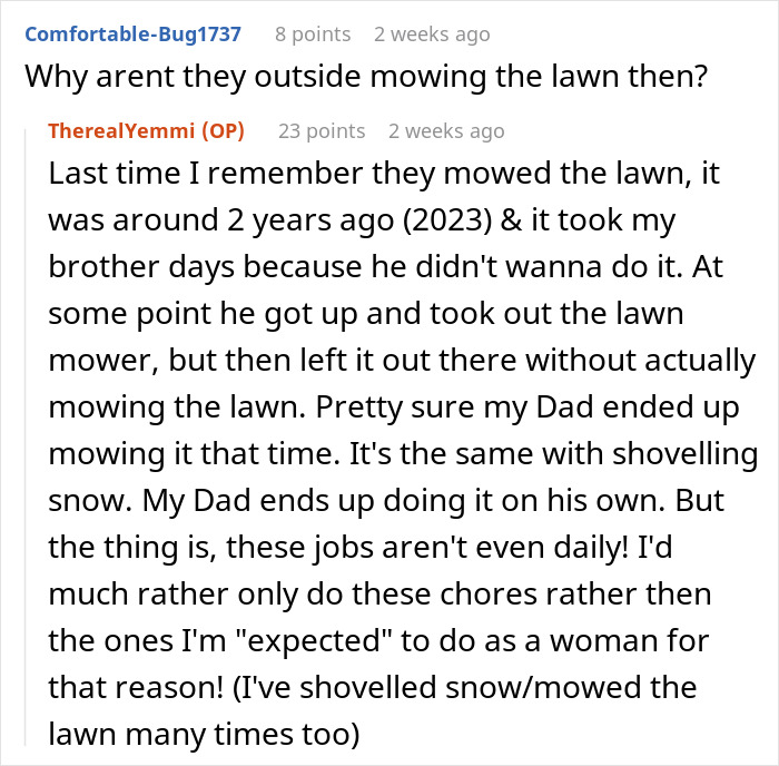 Woman boycotts doing chores at sexist parents' house until her brothers help clean and share household duties.