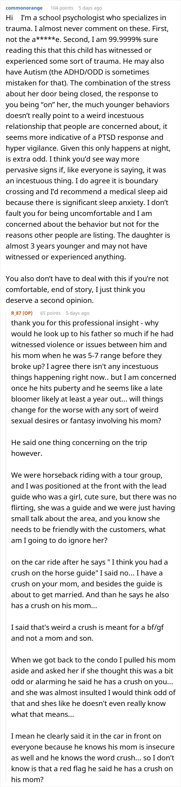 Text conversation discussing a man questioning future with girlfriend after her 11-year-old son monitors bedroom and demands open door.