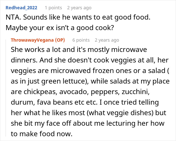 Reddit user discusses son choosing dad’s rabbit food and loving veggies while mom serves microwaved frozen veggies and salad. Reddit user discusses son choosing dad’s rabbit food and loving veggies while mom serves microwaved frozen veggies and salad.
