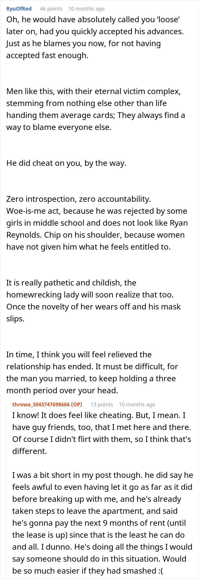 Comment discussing a woman's experience after her husband's departure following being hit on for the first time.