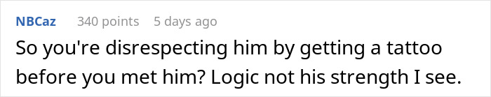 Screenshot of a Reddit comment discussing a man demanding his girlfriend remove a tattoo honoring her late boyfriend.