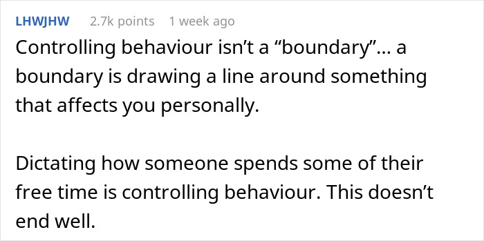 Text post discussing controlling behavior and boundaries, emphasizing how dictating gaming time affects personal freedom. Text post discussing controlling behavior and boundaries, emphasizing how dictating gaming time affects personal freedom.