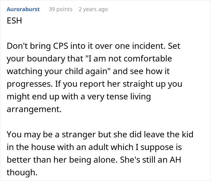 Text comment about woman abandoning child with stranger roommate after a brief acquaintance due to a work emergency. Text comment about woman abandoning child with stranger roommate after a brief acquaintance due to a work emergency.
