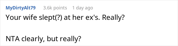 Comment about wife’s catch-up with her ex turning into a sleepover, husband left wondering what’s going on. Comment about wife’s catch-up with her ex turning into a sleepover, husband left wondering what’s going on.