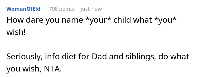 Comment text on a social media post debating naming a grandbaby after late wife, and the father's strong reaction. Comment text on a social media post debating naming a grandbaby after late wife, and the father's strong reaction.