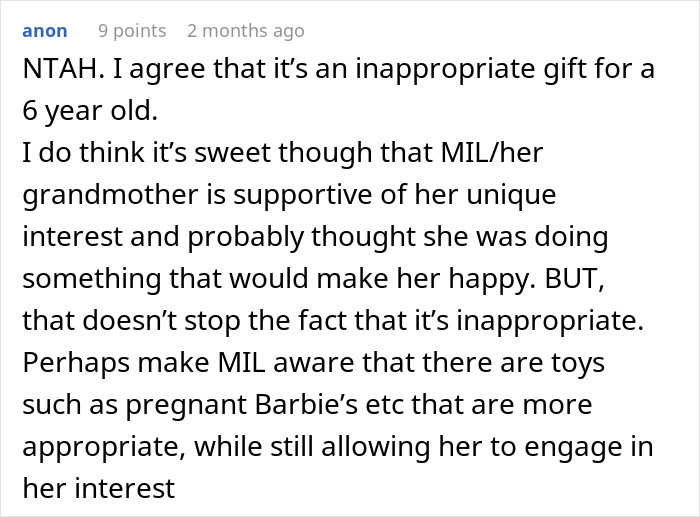 Text post discussing a mom furious over MIL's weird gift to her pregnancy-obsessed 6-year-old child. Text post discussing a mom furious over MIL's weird gift to her pregnancy-obsessed 6-year-old child.