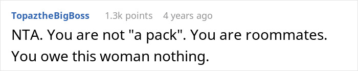 Screenshot of a forum comment where a user says roommates owe nothing after being left to babysit girlfriend’s kids. Screenshot of a forum comment where a user says roommates owe nothing after being left to babysit girlfriend’s kids.