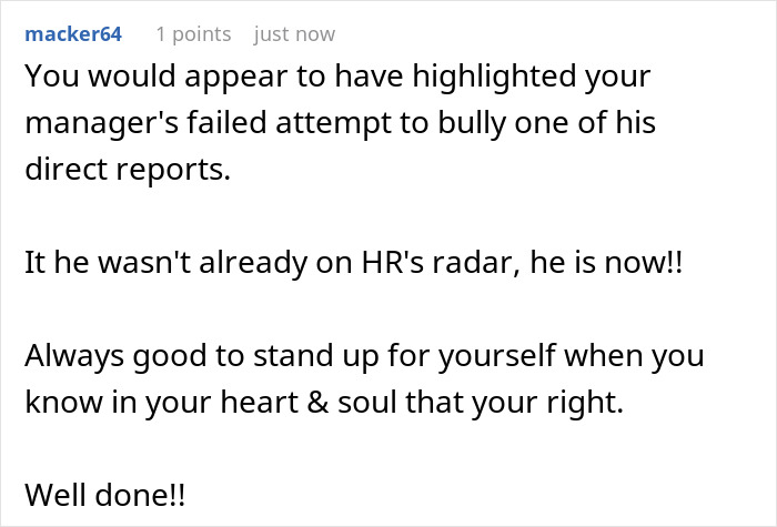 Screenshot of a forum comment discussing a manager trying to fire an employee with baseless claims, highlighting standing up for oneself. Screenshot of a forum comment discussing a manager trying to fire an employee with baseless claims, highlighting standing up for oneself.