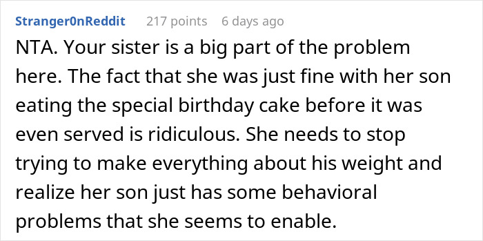 Reddit comment discussing sister enabling son's behavioral issues and controversy over nephew excluded from birthday due to past actions. Reddit comment discussing sister enabling son's behavioral issues and controversy over nephew excluded from birthday due to past actions.