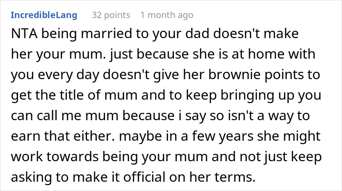Screenshot of an online discussion where a user argues about a teen refusing to accept stepmother as mom. Screenshot of an online discussion where a user argues about a teen refusing to accept stepmother as mom.