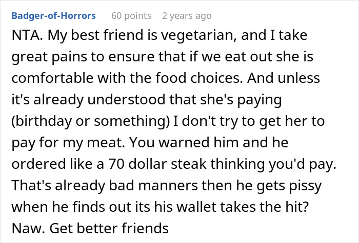 Comment discussing a friend laughing off a vegan’s warning about paying only for his food, and reaction to the bill arriving.