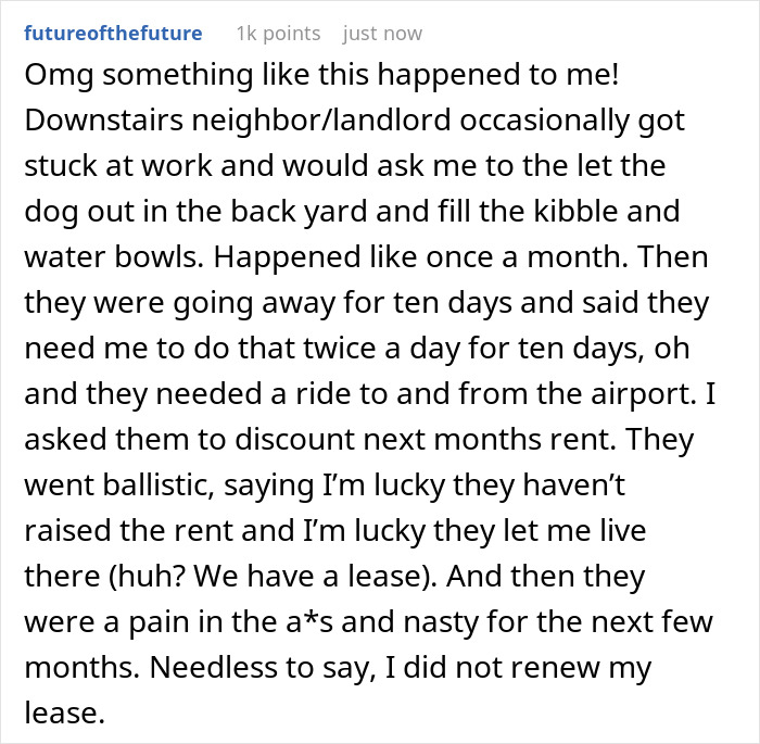 Comment describing neighbor demands woman babysit kids weekly, highlighting unfair responsibility expectations. Comment describing neighbor demands woman babysit kids weekly, highlighting unfair responsibility expectations.