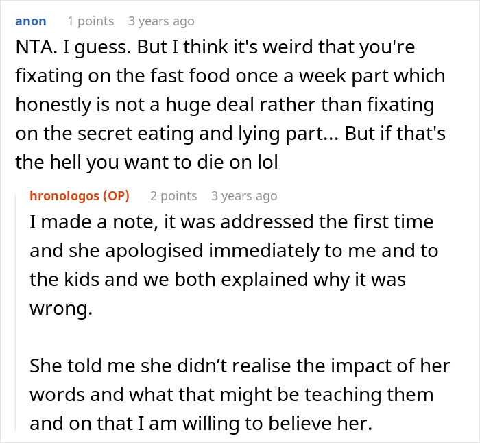Reddit conversation about mom refusing to leave kids with MIL after she keeps feeding them fast food repeatedly. Reddit conversation about mom refusing to leave kids with MIL after she keeps feeding them fast food repeatedly.