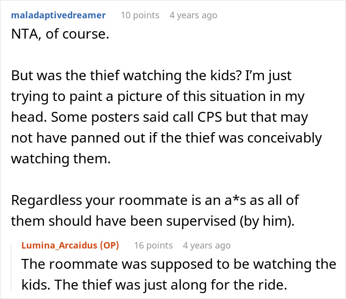 Screenshot of online discussion where user criticizes roommate for failing to babysit girlfriend’s kids and not doing the parent thing. Screenshot of online discussion where user criticizes roommate for failing to babysit girlfriend’s kids and not doing the parent thing.