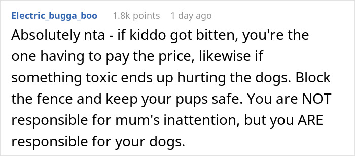 Comment text about neighbor’s kid turning fence into fast food window for dogs with woman building barricade.