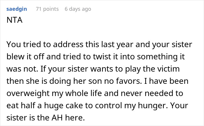 Text post discussing exclusion of nephew from birthday and accusations of fatphobia involving sister and family conflict. Text post discussing exclusion of nephew from birthday and accusations of fatphobia involving sister and family conflict.